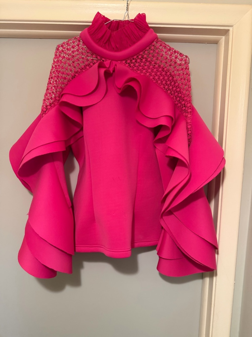 Bold Fuchsia Ruffle-Sleeve Women's Top - Picture 2 of 5